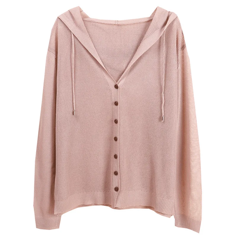 Long Sleeve Cardigan Women For Summer 2020 Knitted Cardigan Korean Button Up Hooded Jacket Ice Silk Sweater Thin Sunscreen Tops