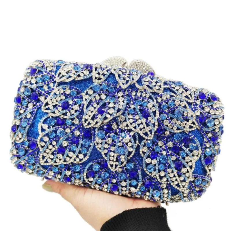 

Women Blue/Champagne Color Crystal Evening Bags Female Stones Handbags and Purses Bridal Diamond Clutch Bag Wedding Party Purse