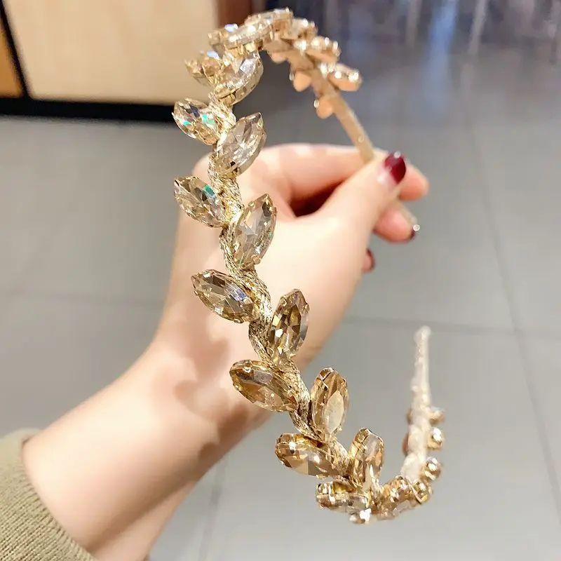 Luxury Rhinestone Leaves Headband Headwear Hairband Shiny Handmade Baroque Crystal Flower Wedding Hair Hoop Headband Wholesale