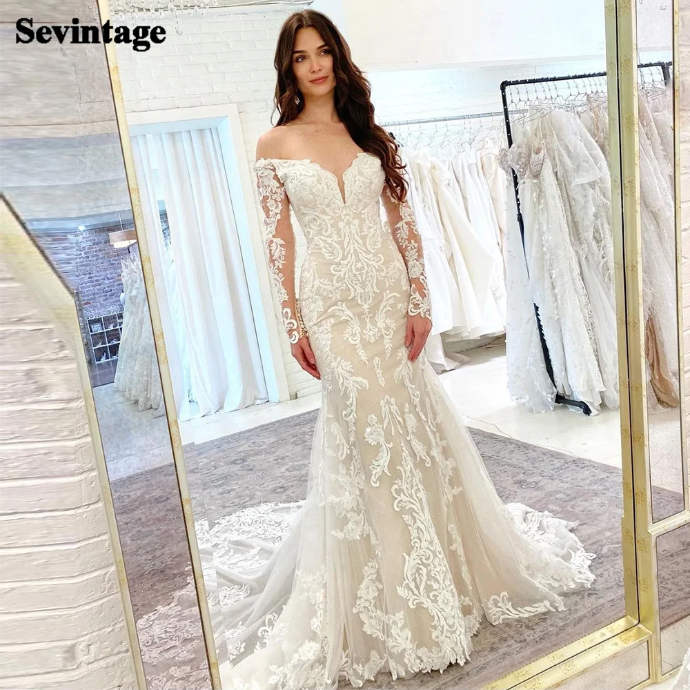 Abiti da sposa a sirena di lusso vintage Sevintage con Appliques di pizzo rimovibili con scollo a v abito da sposa maniche lunghe abito da sposa