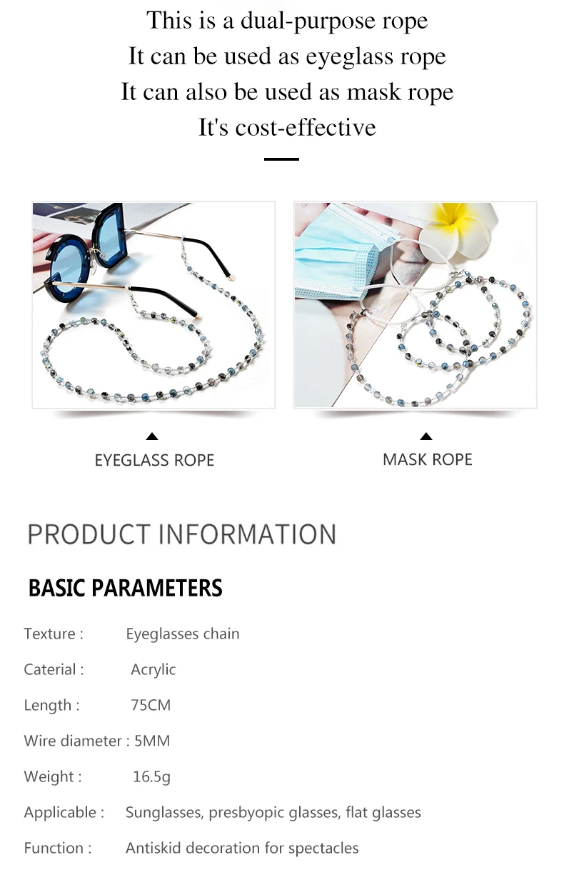 Chichain Mode Brillen Kristall Acryl Perlen Schnur Ketten Brillen Masken ketten Riemen halter Kordel ketten am Hals – Detail 2