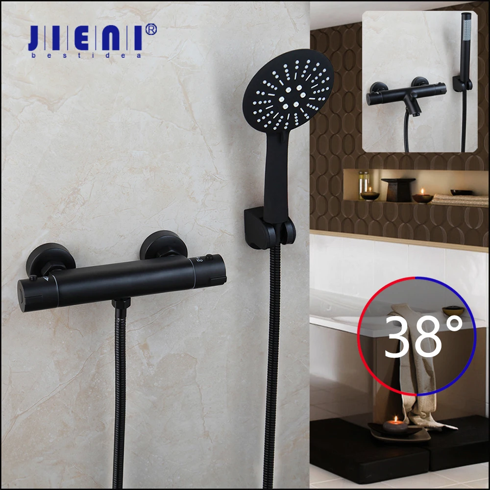 

JIENI Bathroom Thermostatic Shower Set Matte Black W/ Rainfall Hand Shower Held Wall Mounted Bathtub Shower Mixer Faucet Set