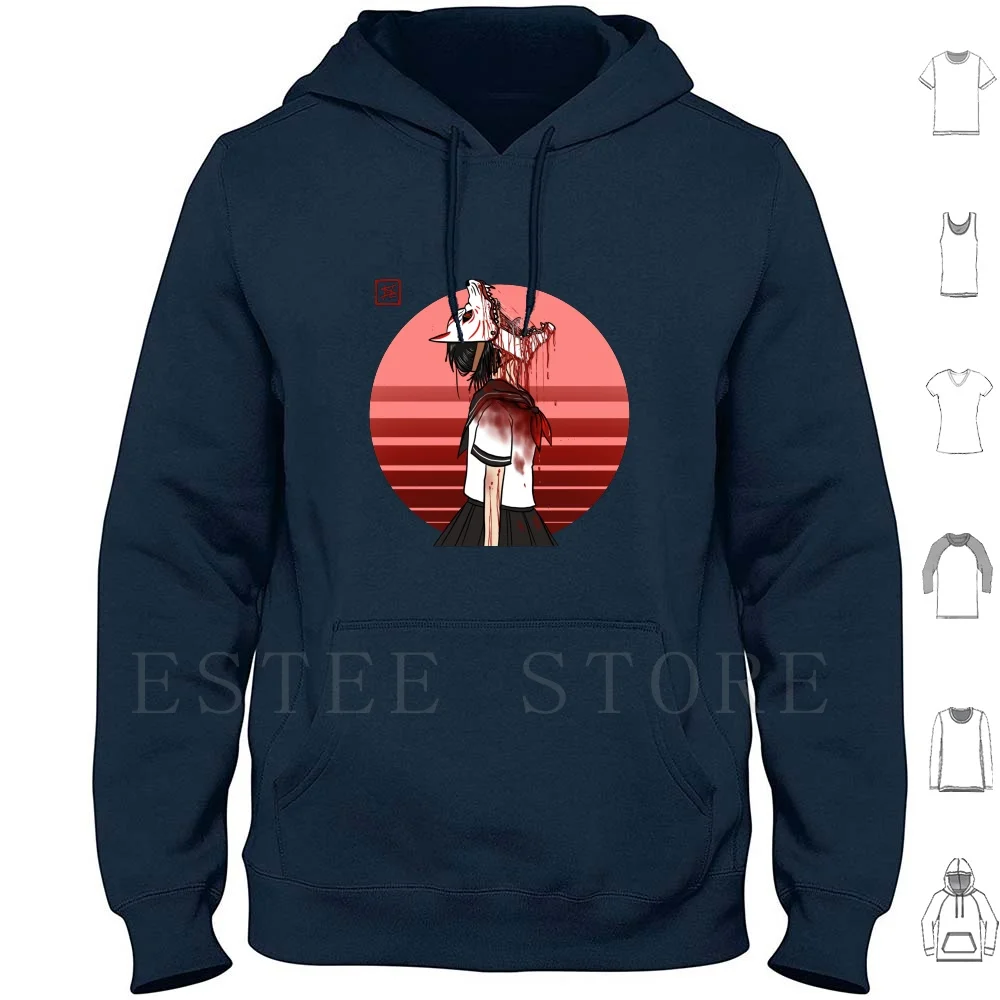 Okami Masked School Girl Hoodies Long Sleeve Japanese Horror Art Anime Anime Guro Creepy Dark Art Dark Horror Art