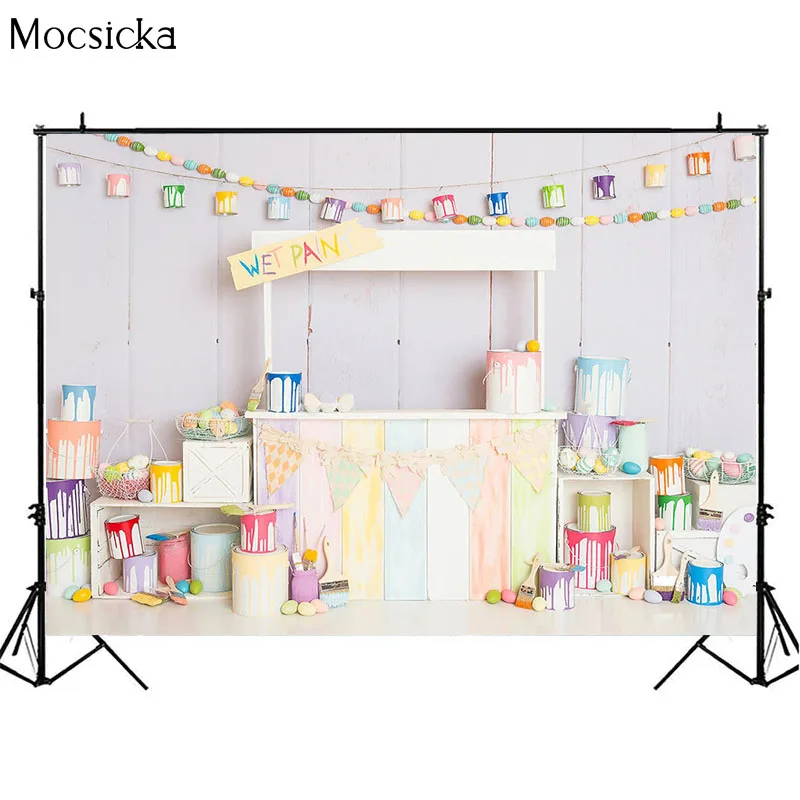 Easter Eggs Paint Shop Backdrop Photography White Wooden board Child Portrait Birthday Background Easter Egg Banner Photo Studio