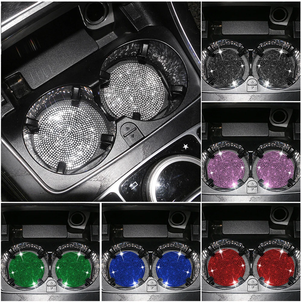 2PCS Diamond Car Coaster Water Cup Slot Non-Slip Mat Silica Gel Pad Cup Holder Mat Car Gadget Bling Car Accessories for Woman