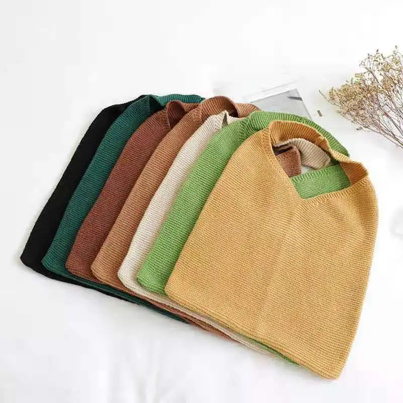 Shopping Bags Women Candy Colors Winter Retro Knitted Shoulder Handbags Shopper Woven Top-handle Pouch Ulzzang Portable Simple