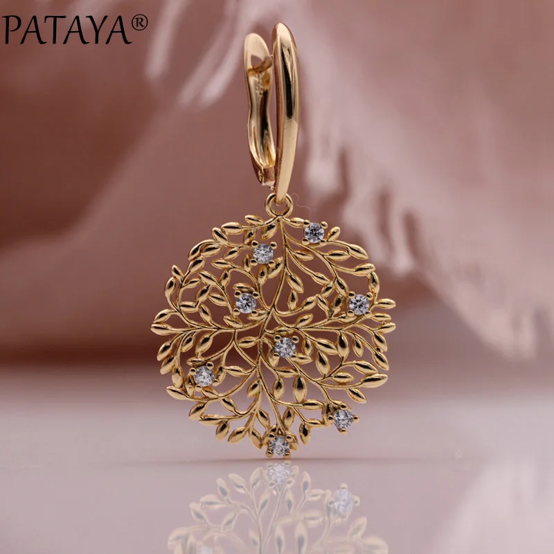 PATAYA New Safe Tree Long Earrings 585 Rose Gold Color Hollow Unique Fashion Jewelry Christmas Gift Natural Zircon Drop Earring