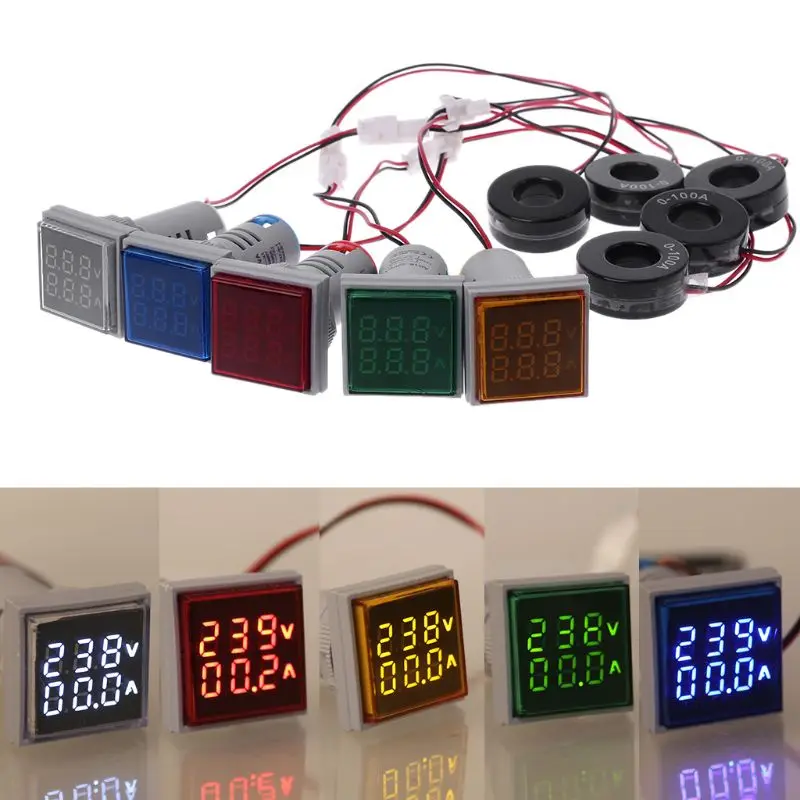 Square LED Digital Voltmeter Ammeter 22mm Signal Lights Volt Voltage Ampere Current Meter Indicator Tester Measuring AC 60-500V