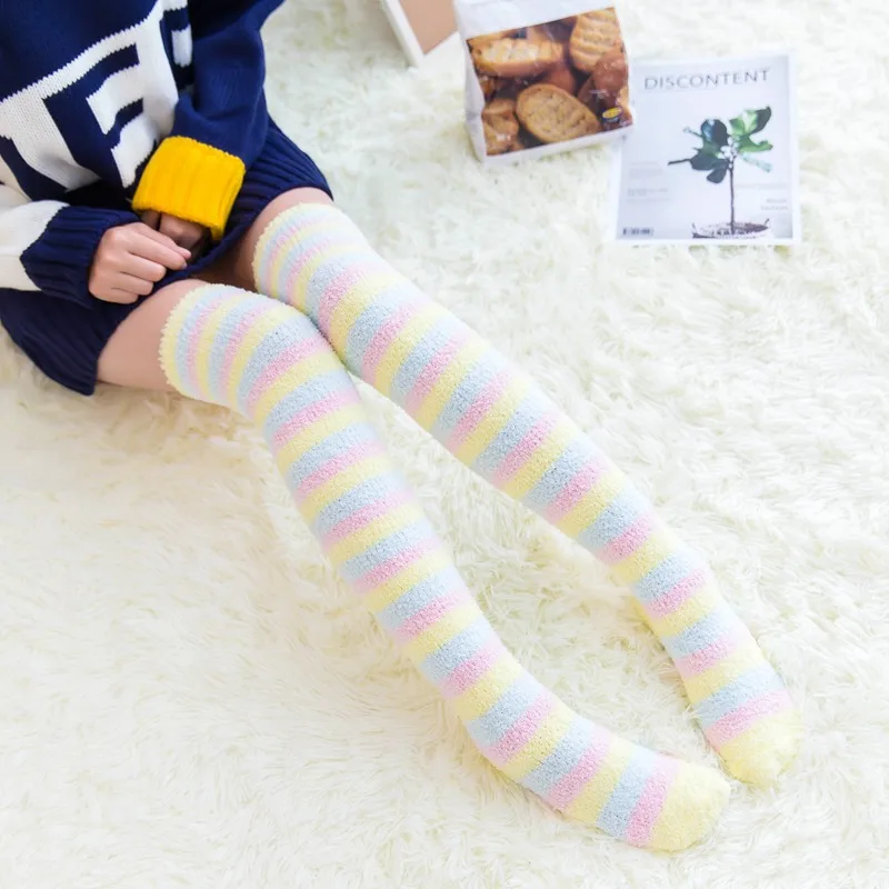 Soft Coral Fleece Knee Socks Winter Warm Girl Women Cute Cartoon Animal Stockings Striped Cozy Thigh High Christmas