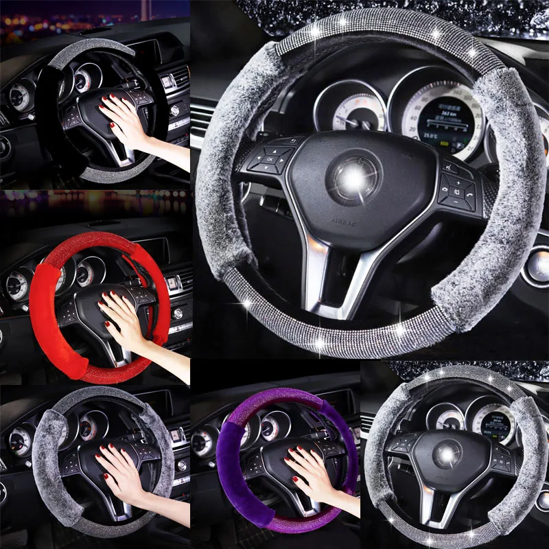 

Crystal Diamond Car Steering Wheel Covers Winter Plush Comfort Handlebar Cover Rhinestone Auto Car Steering Covers Accessories