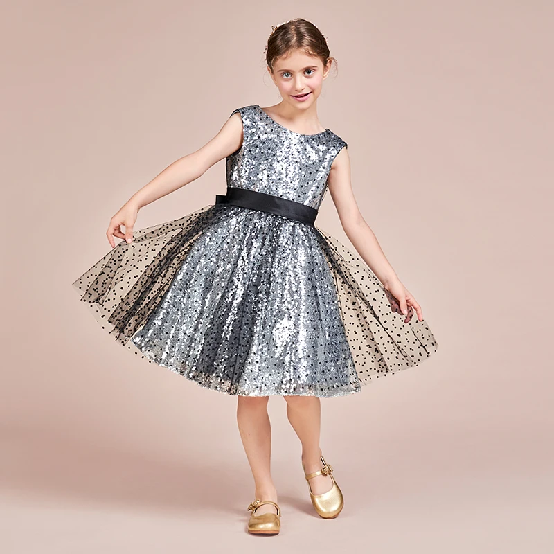 Sparkly Silver Grey Girls Evening Party Dress Short Flower Girl Dress Birthday Party Gown For Kids Junior Girls Bowtie Back