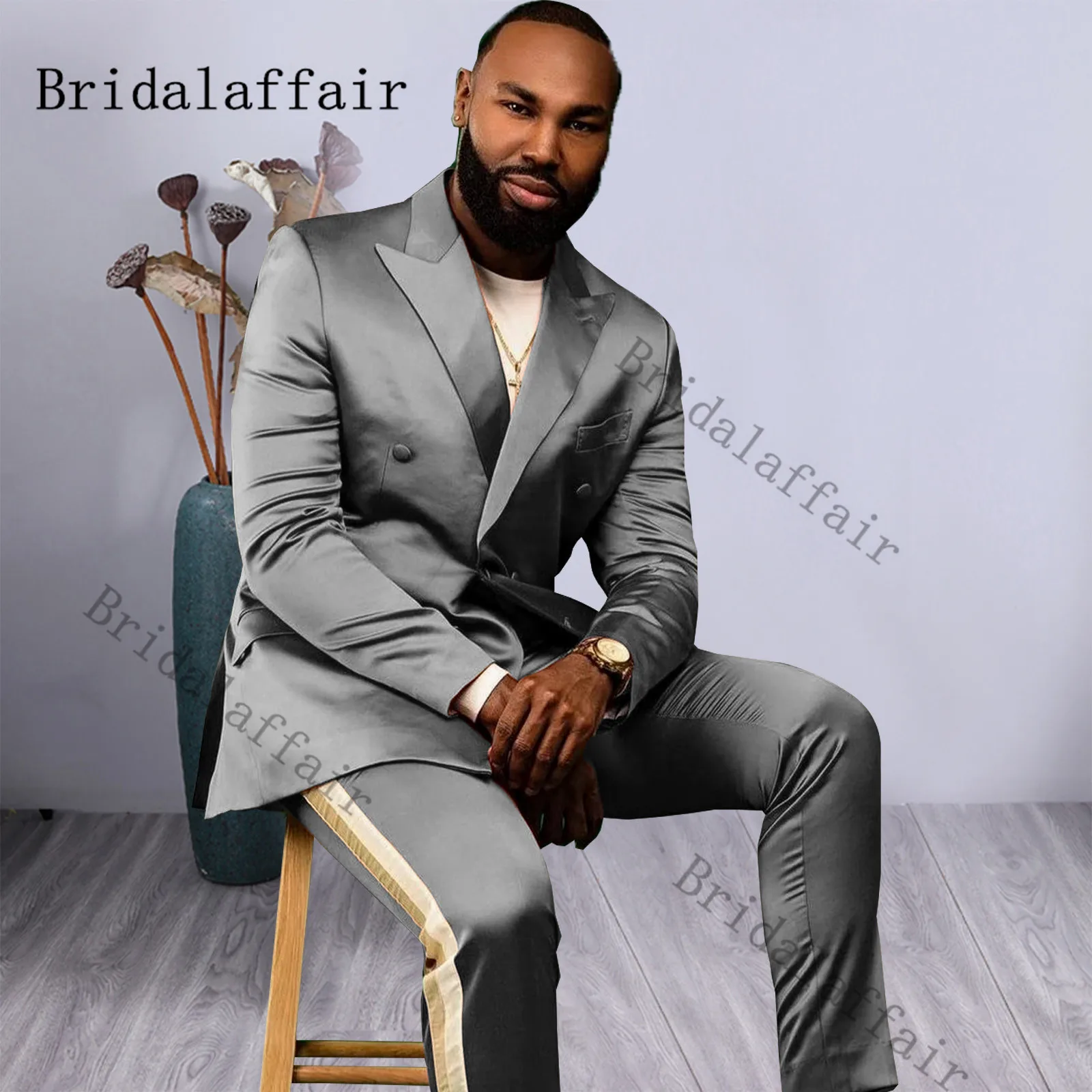 

Костюм для мужчин Bridalaffair, серые мужские костюмы, двубортный Блестящий Блейзер, брюки, облегающее свадебное мужское платье для выпускного вечера, смокинг для жениха