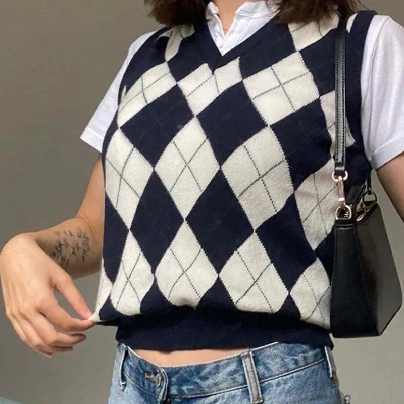 Argyle sweater vest cropped knitted vest top women plaid knit vest vintage vintage vest sweater Autumn pink sweater korean style