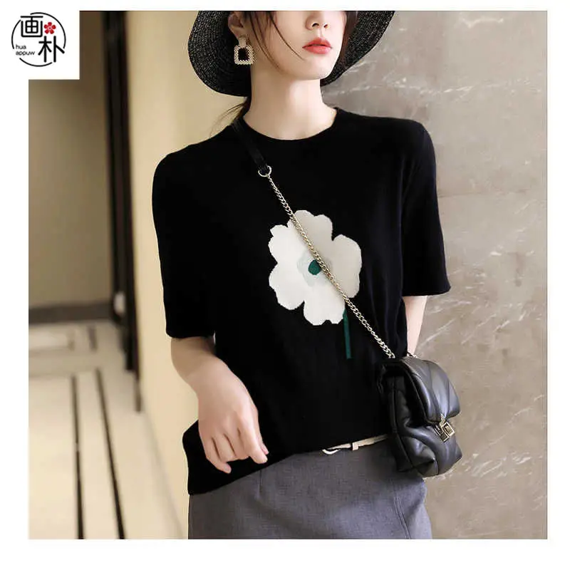 

Black jacquard knitted short sleeve t-shirt women's 2024 summer new loose round neck simple joker top