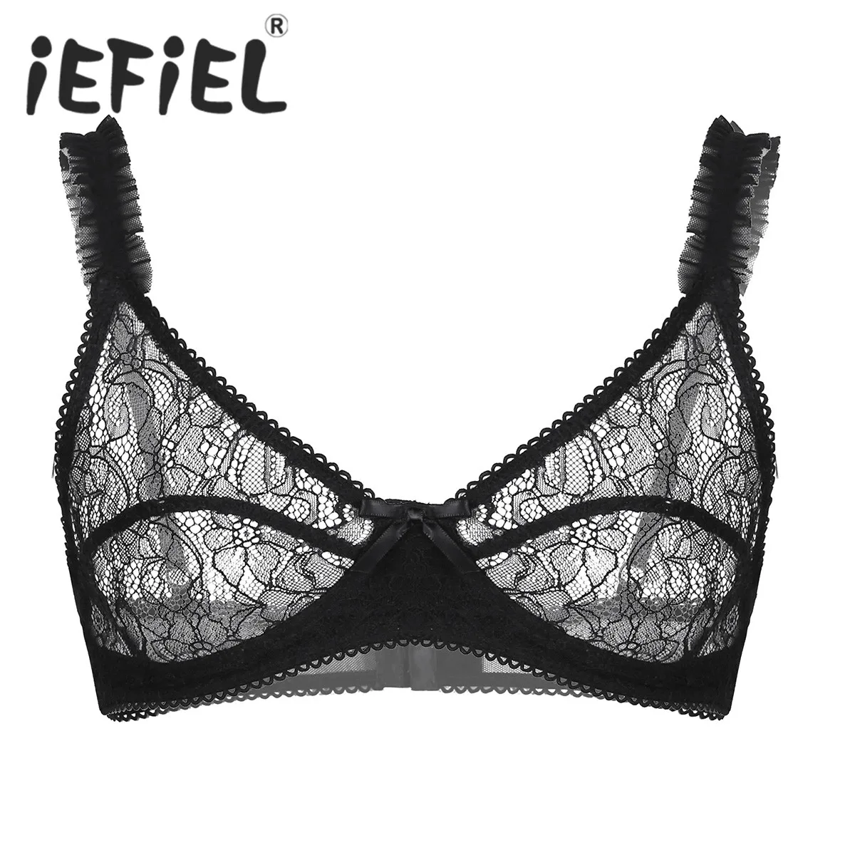 iEFiEL Mens Sissy Bra Tops See Through Sheer Floral Lace Lingerie Adjustable Spaghetti Straps Wire-free No Padded Bralette Bra