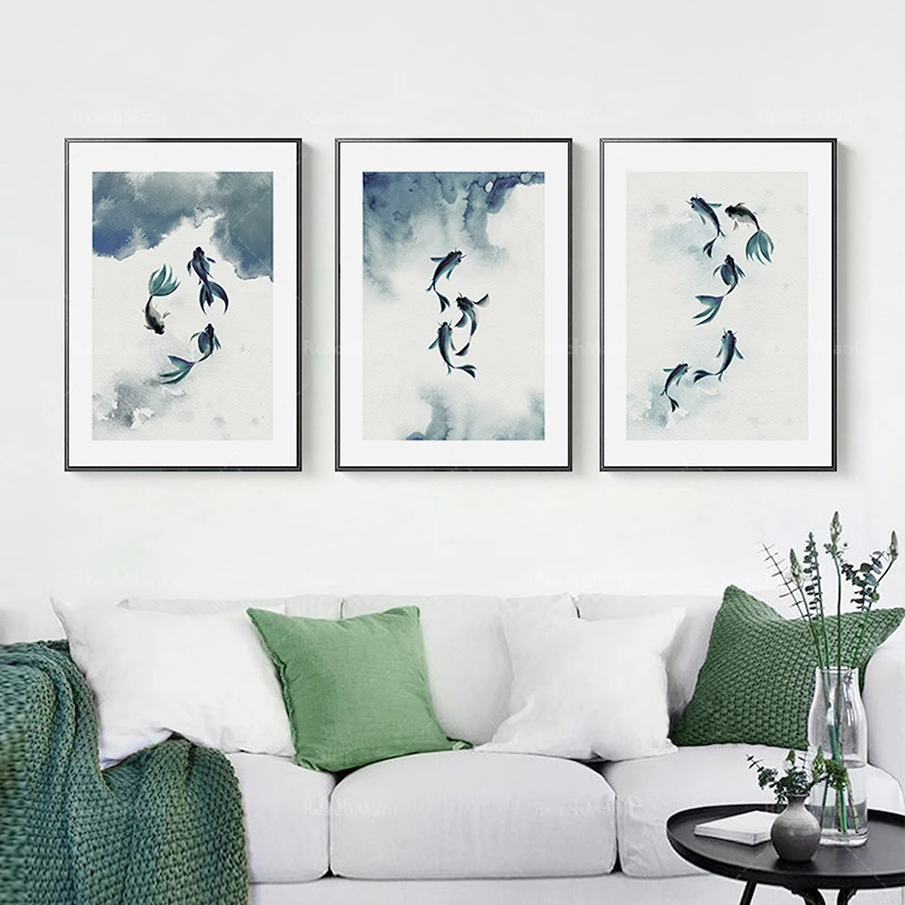 Calming Watercolour Art Print Set of 3, Sea Life Wall Art, Ocean Themed Wall Art, Navy Blue Aquarelle Poster, Nautical Print Set