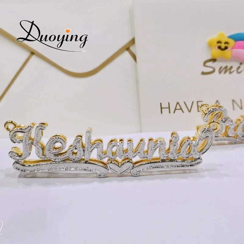 Imagem -04 - Duoying-colar com Placa de Identificação 3d Gargantilha Feminina Banhada a Ouro Duplo Colar Personalizado com Nome Presente