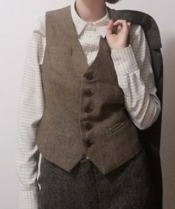 Spring New Suit Vest Ladies Waistcoat Short Jacket Casual Ol Coat Women 3xl Single-breasted woolen herringbone pattern pocket t