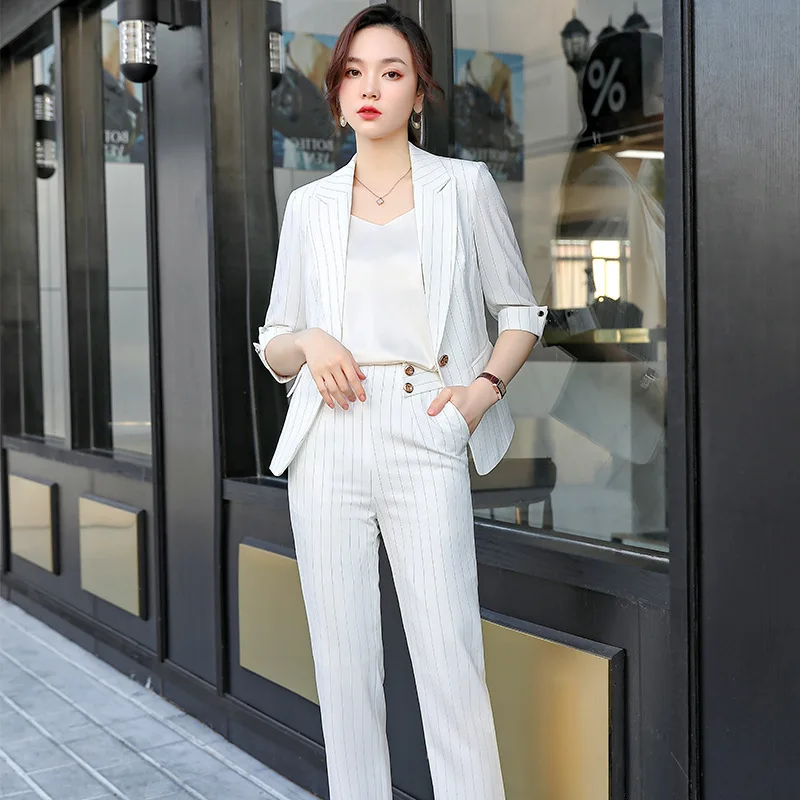 IZICFLY Summer Style New Beige Striped Elegant Office Wear For Women Half Jacket Business Uniforms Blazer Dress Suit --1 Piece