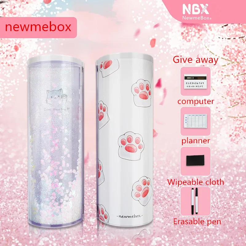 Newmebox estojo escolar de areia movediça, caixa de lápis para gato kawaii, lantejoulas, bolsa nbx escolar mini caneta