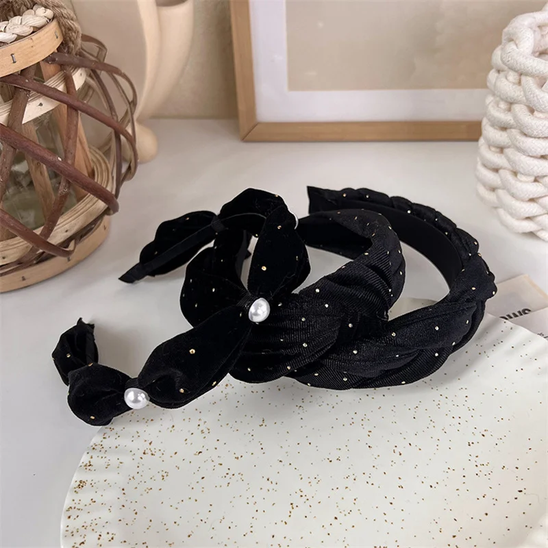 Retro Velvet Wide-Brimmed Pearls Headband Fashion Black Hair Hoop Womens Girl Rhinestone Hair Bands Braided Hair Accessories