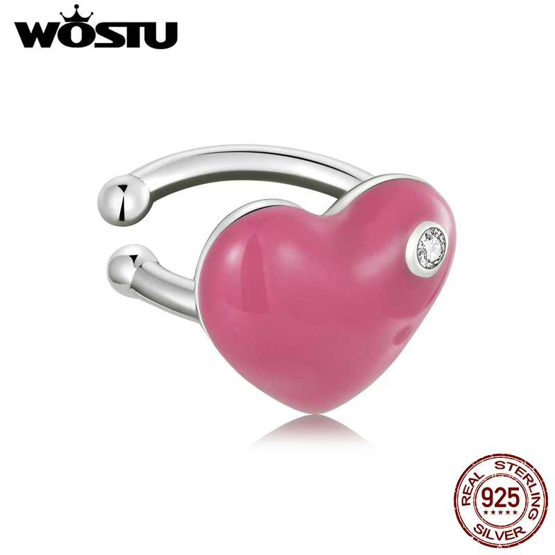 WOSTU 1 Piece 925 Sterling Silver Rose Red Heart Ear Cuff Earrings For Women Fashion Party Jewelry Gift CQE1362