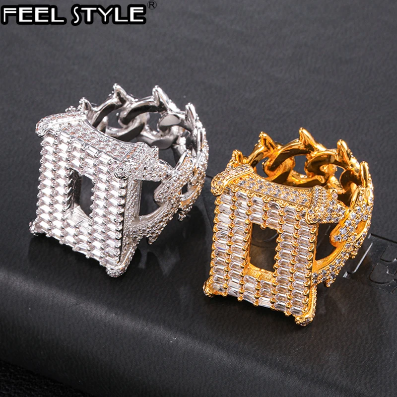 Hip Hop Bling Iced Out Square Baguette Big Clustered Cubic Zircon Rings Tready Copper Zirconia Ring For Men Jewelry