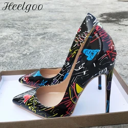 Heelgoo nero stampa grafica donna punta a punta tacco alto scarpe da festa Chic Ladies Slip On Stiletto pompe 8cm 10cm 12cm taglia 44 45