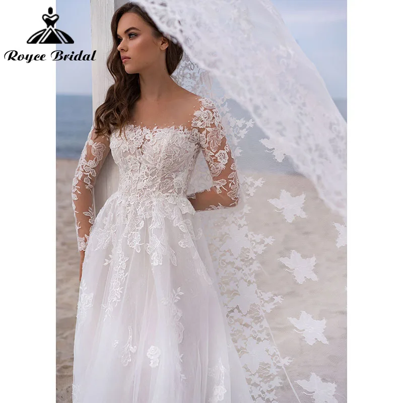 Beach Floral Lace Appliques Long Sleeve Pearls Wedding Dresses with Buttons Backless A Line vestido de noiva princesa 2022