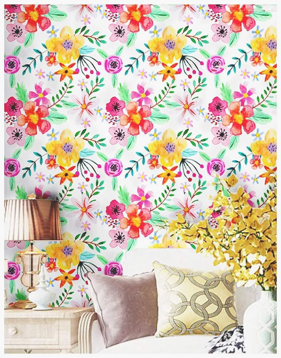 HaoHome Peel and Stick Handpainting Seamless Watercolor Red/Yellow/Purple Flower Green Leaves Self-Adhesive Contact Paper
