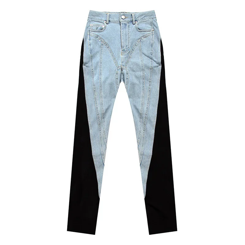 TWOTWINSTYLE Colorblock Patchwork Denim Pencil Pants Women High Waist Casual Slim Jeans Trousers Female Fashion 2023 Autumn New