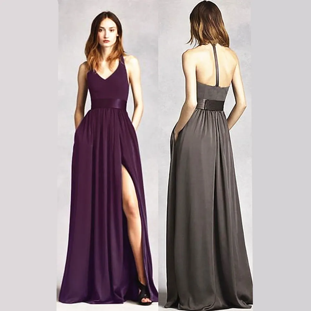 Robe de demoiselle d'honneur trapèze violette longue, robes de célébration de fiançailles, robe de soirée de mariage en Satin pour robe de groupe de demoiselle d'honneur, 2020