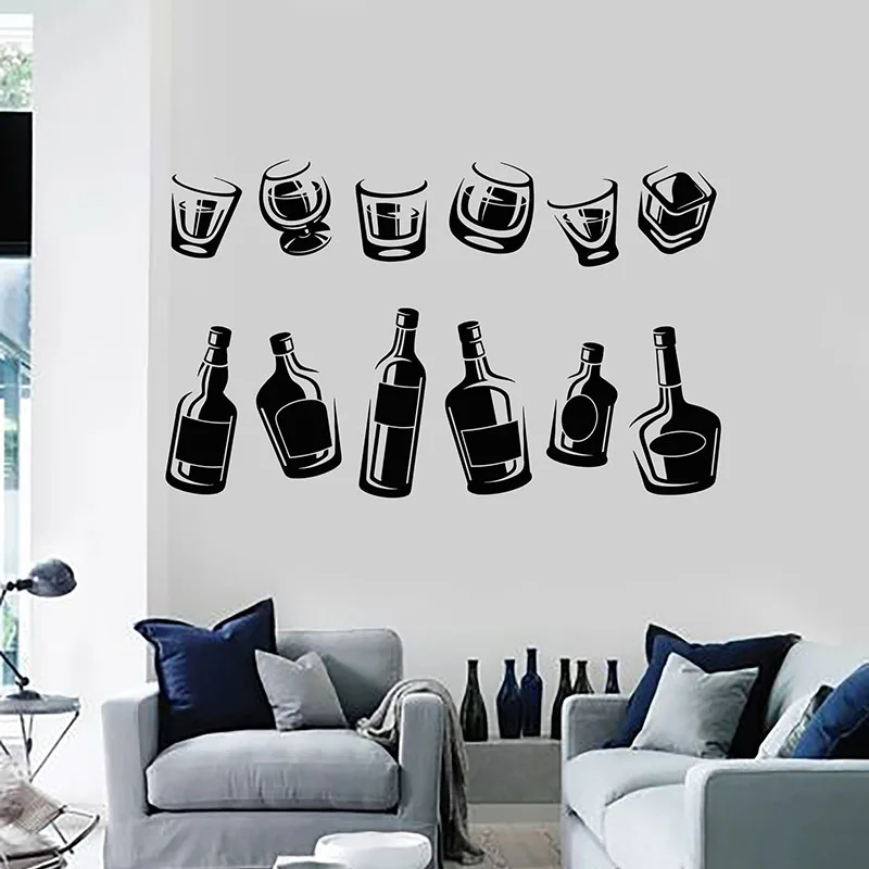 Wine Bottle Wall Decal Drinking Cup Collection Alcohol Glasses Pub Bar Kitchen Interior Decor Fridge Vinyl Stickers Mural E365