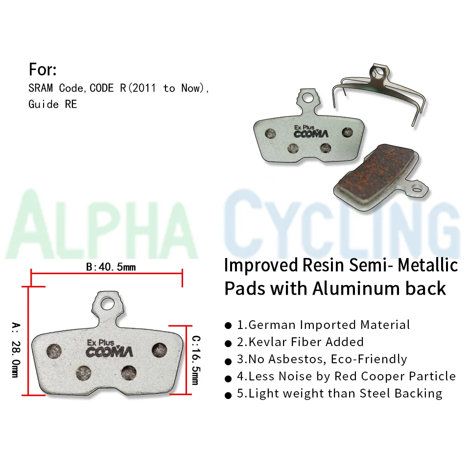 4 Pairs, Bicycle Brake Pads for AVID SRAM DB8. Code, CODE R (2011 to Now), Guide RE Caliper, Ex Plus Class, Alu-Alloy Resin