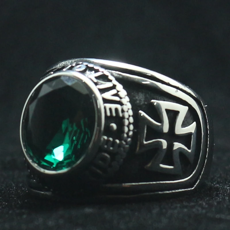 Rider Motorcycle Style Unisex 316L Stainless Steel Cool Ride To Live, Live To Live Cross Green Stone Classic Biker Ring