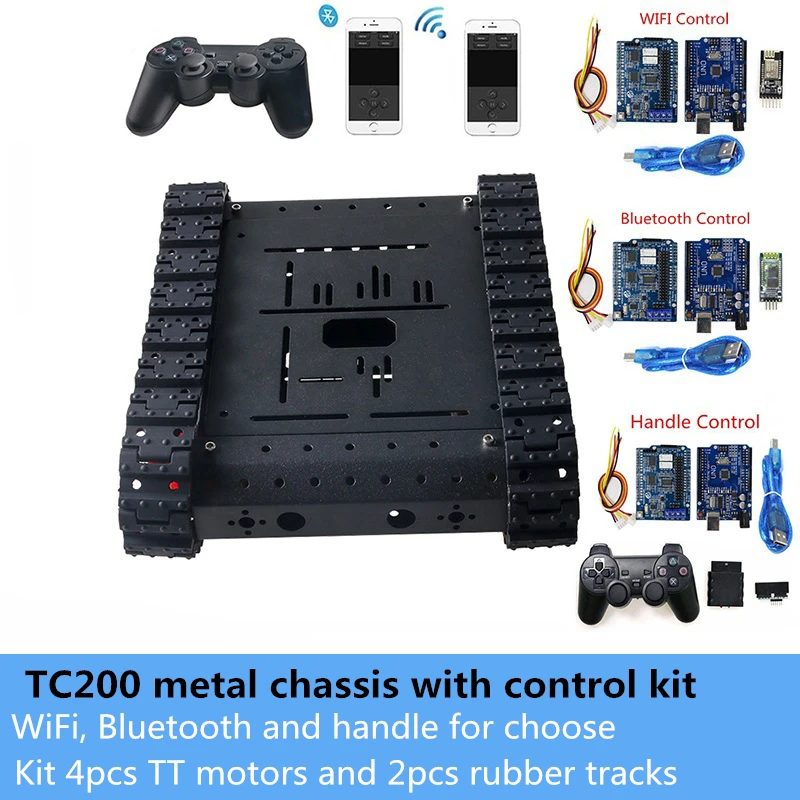 

TC200 Metal Tank Chassis with Control Kit Smart Crawler Robot Platform with 2pcs Rubber Tracks,4pcs TT Motors Unassembled RC Toy