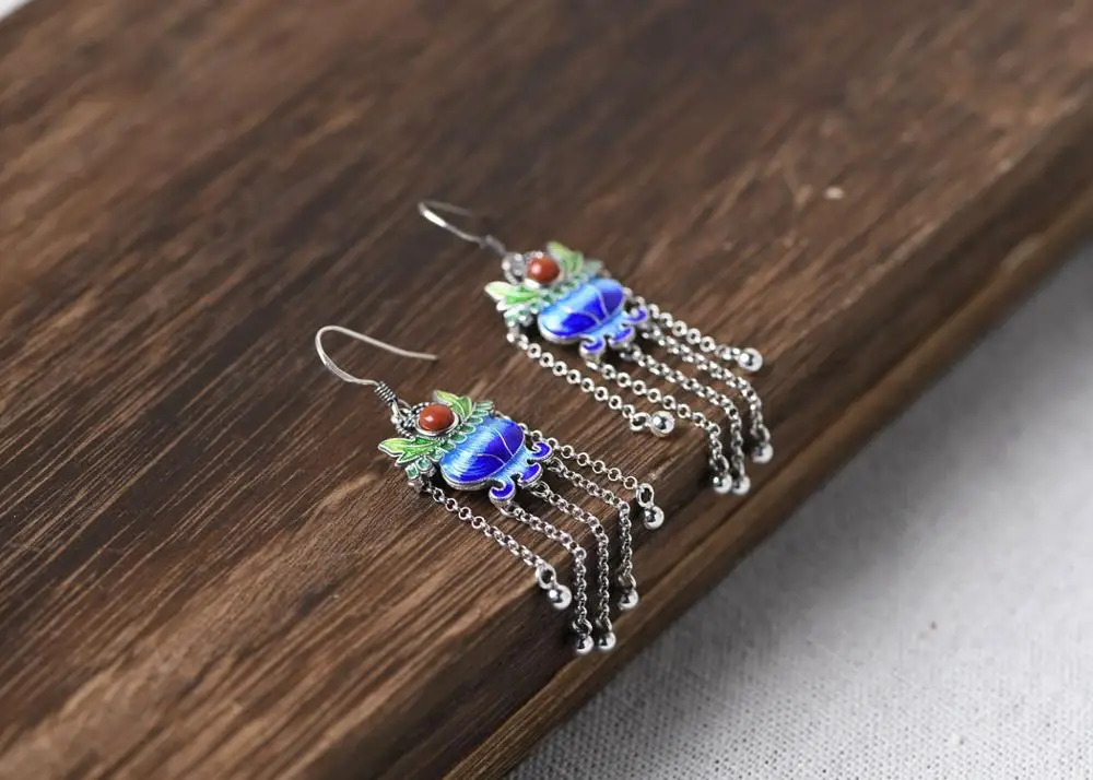 S925 Silver Retro Cloisonne Women's Thai Silver Burnt Blue Inlaid Southern Red Ruyi Long Chain Earrings