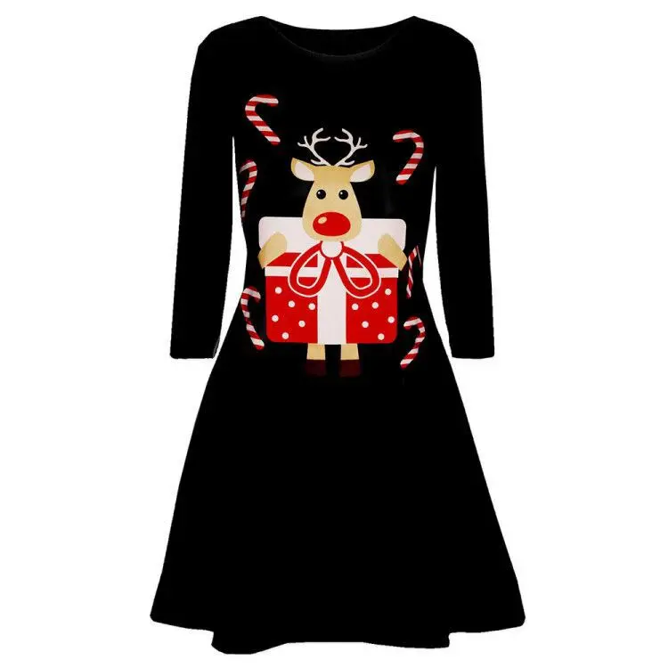 Women Santa Claus Printed Long Sleeve Evening Prom Costume winter mini Dresses kerstjurk christmas party dress Costume clothes