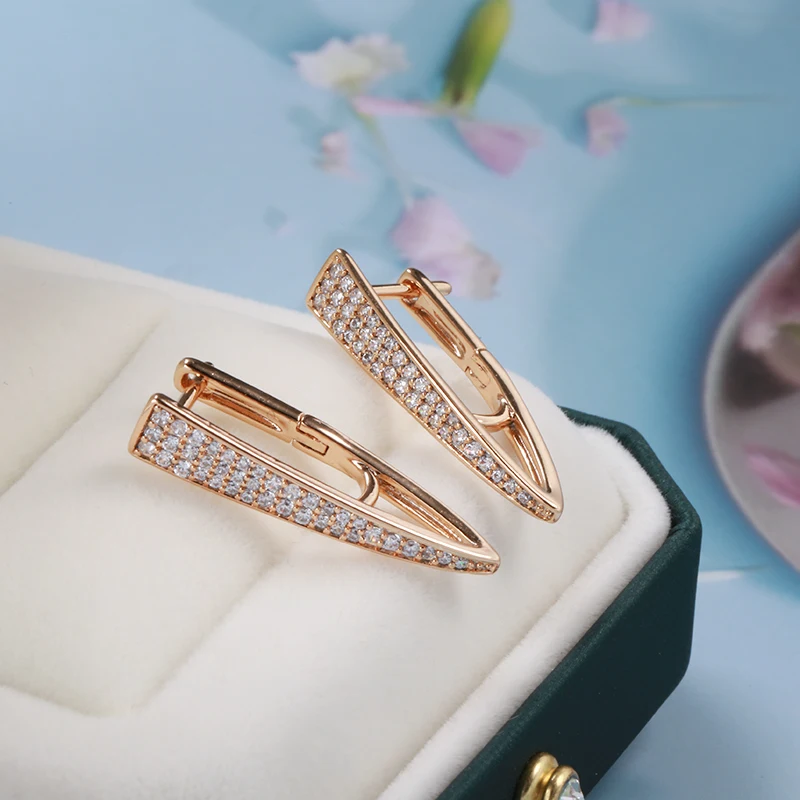 Kinel New Fashion V Shape Drop Earring For Women 585 Rose Gold Color Micro Wax Inlay Natural Zircon Geometric Dine Daily Jewelry