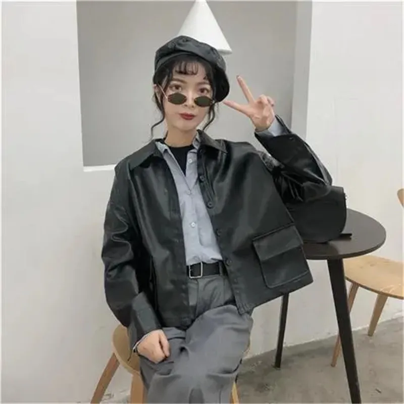 PU Leather High Street Cargo Short Jackets Women Solid Goth Hip Hop Pu BF Retro Coats Korean Fashion Vintage Chic Punk BF Jacket