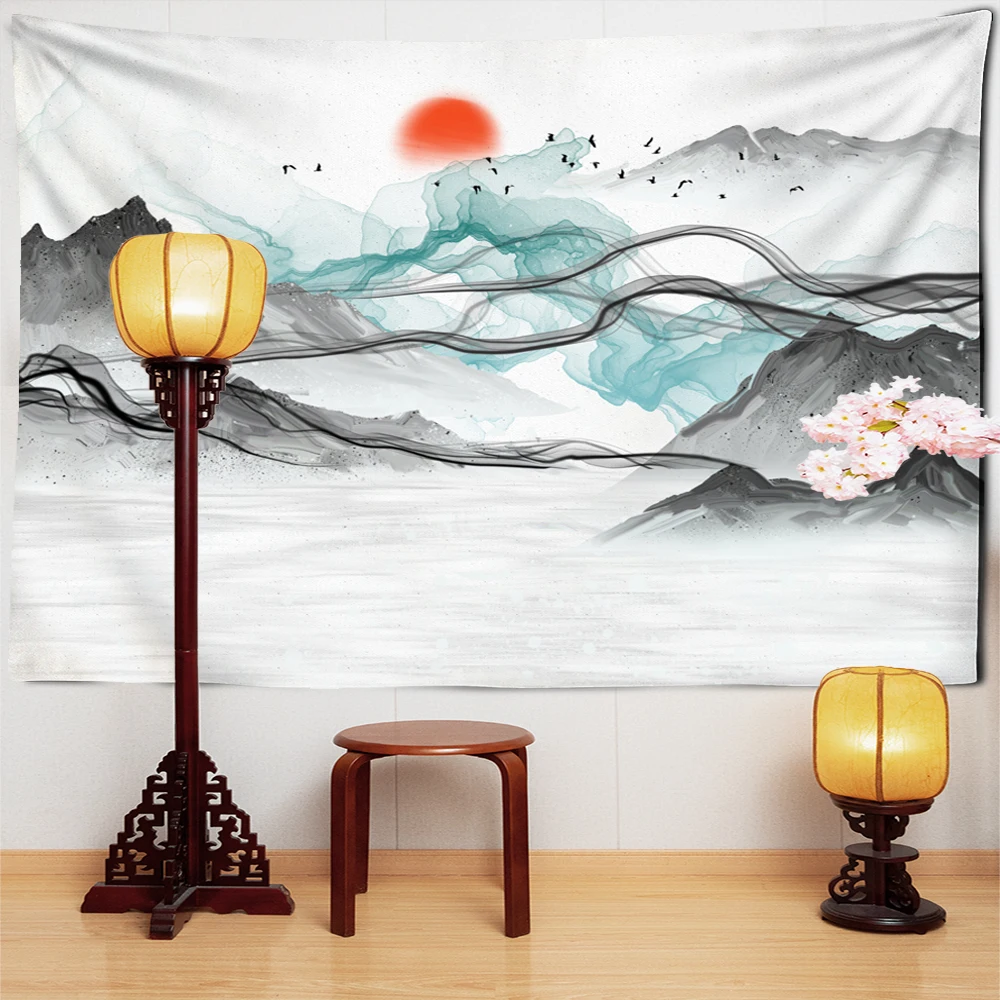 Japanese Chinese Sun Landscape Painting Tapestry China Ink Mountain Tree Garden Brush Wall Hangings Red Sun Tapestry Home Decor