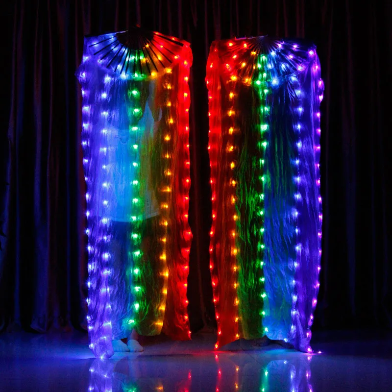 New Belly Dance LED Silk Fan Veil Colorful Stage Props Performance Accessories Light up LED Rainbow Silk Fan Veils