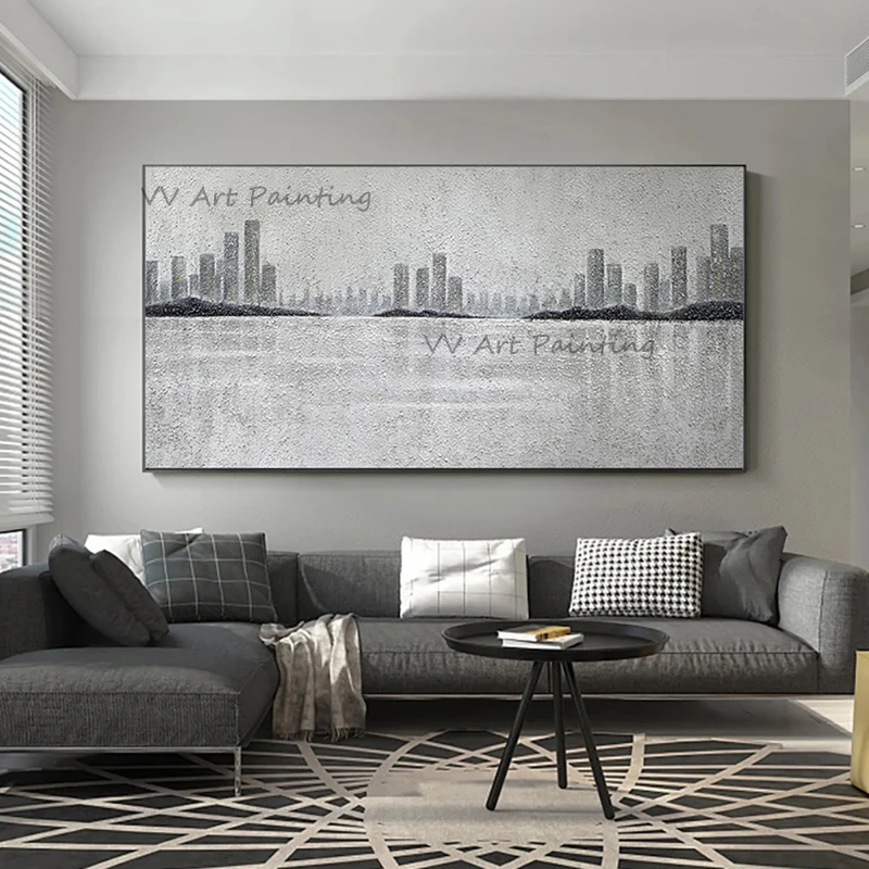 Hand-Painted Palette Knife Oil Painting, Silver Grey City Skyline Textured Canvas Wall Art, Modern Minimalist Living Room Decor