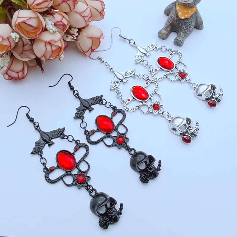 The New Gothic Bat Mix and Match Double Snakes, Skulls, Blood Red Oil Dripping Gemstone Earrings, Black Halloween Earrings