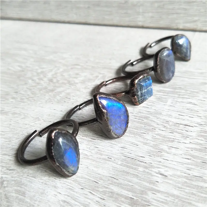 FUWO Hot Sale Natural Labradorite Ring With Antique Copper Plated Shiny Semi Precious Stone Jewelry Wholesale 5pcs/lot RG032