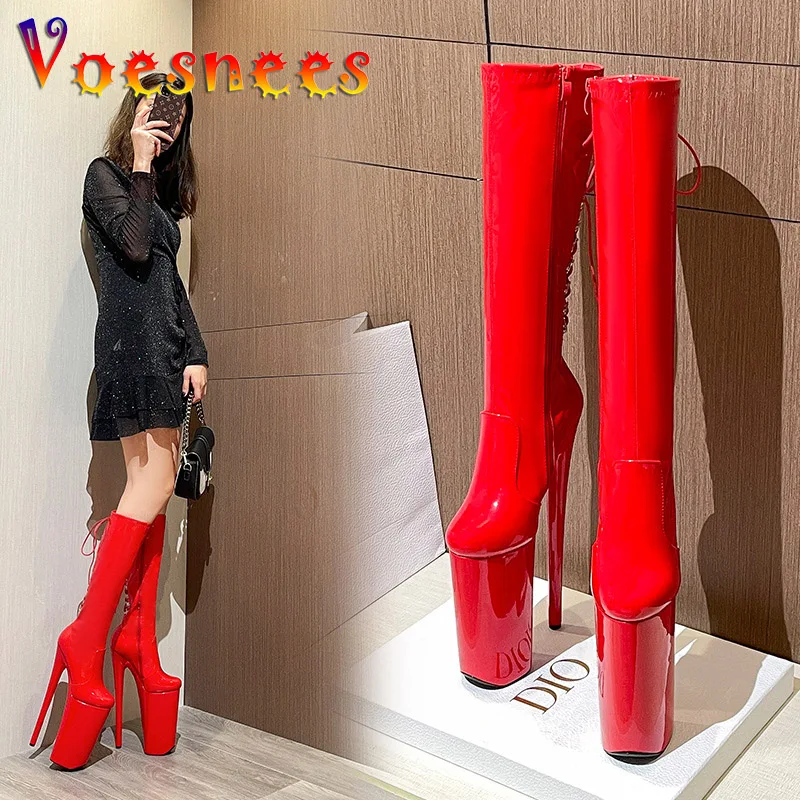 Super High Heel 26CM Nightclub Long Boots Women Lace-up Zip Design Round Toe Knee-High Boot 15CM Waterproof Platform Model Shoes