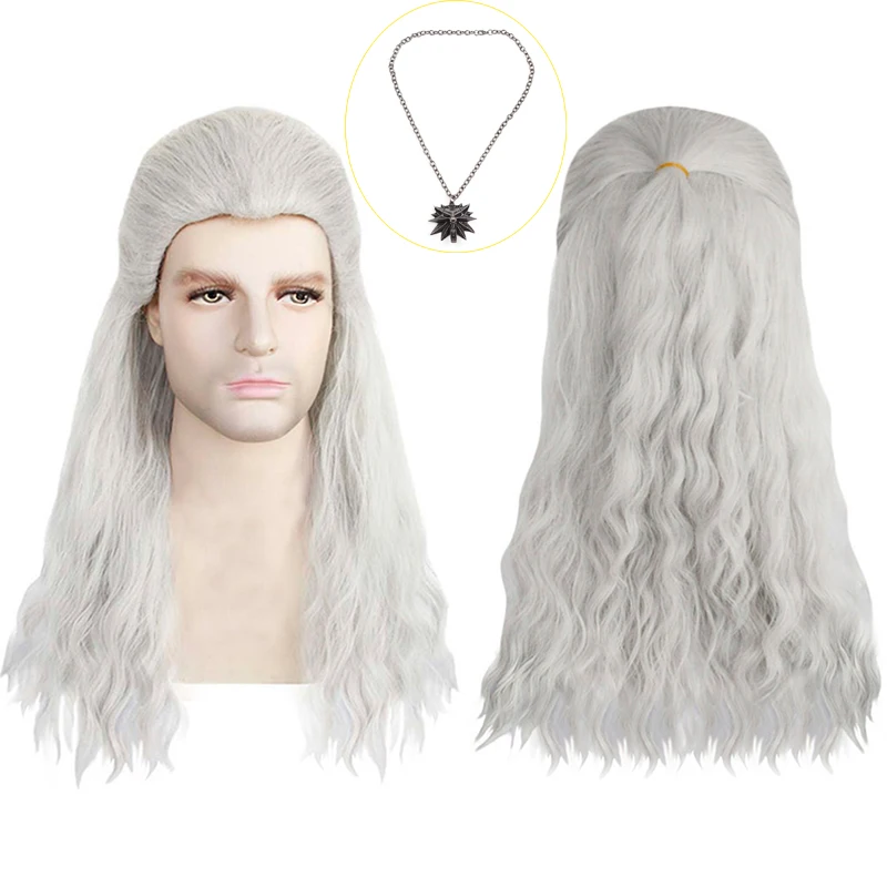 Geralt Của Rivia Cosplay Bộ Tóc Giả Trắng Slivery Thẳng Tóc Tổng Hợp Bộ Tóc Giả Dành Cho Nam Đảng Tiểu Thuyết Trò Chơi Trang Phục Halloween + Tóc Giả mũ Lưỡi Trai