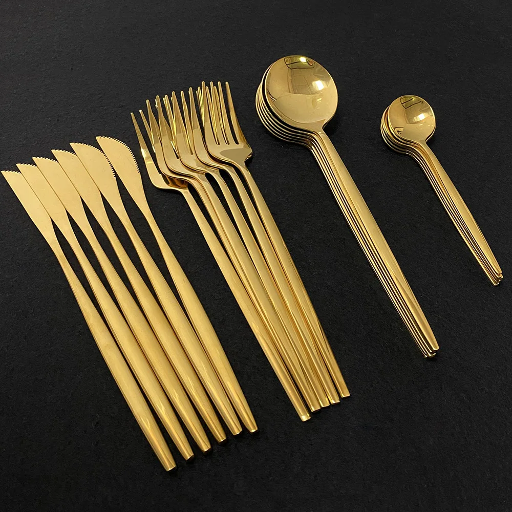 24Pcs Dinnerware Set Blue Gold Shiny Fork Spoon Knife Cutlery Stainless Steel Western Silverware For Kitchen Tableware Set