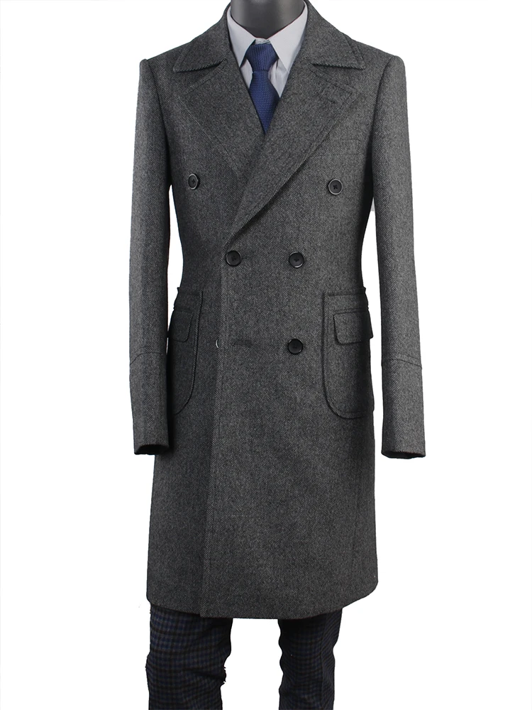 2020 Tweed Topcoat Dark Grey Nailhead Fashion Designed Long Coat Custom Made Warm Double-Breasted Overcoat Stylish Polo Coat