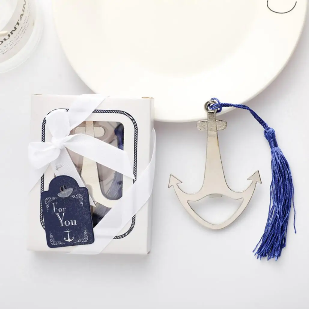 Free shipping 30pcs/lot Wedding Favors White anchor bottle opener with Blue tassel